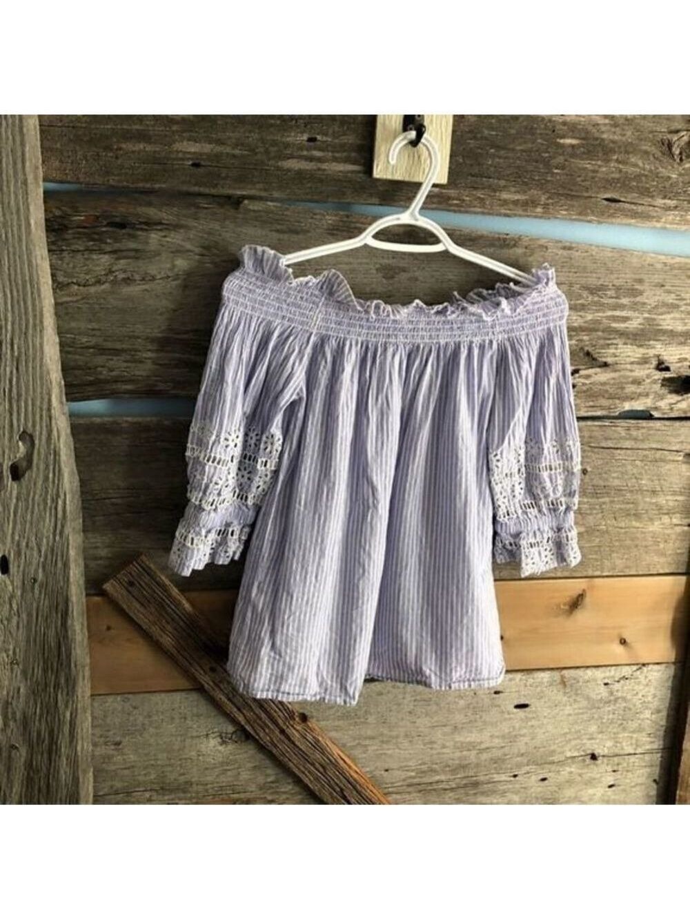 PRIMARK Size 6 Blue/White off shoulder top, crochet sleeves